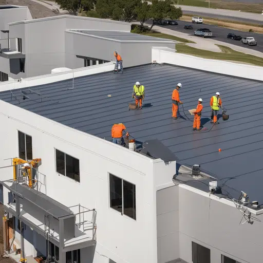 Roofers working on a two-storey commercial flat roof | Nansemond River Roofing & Siding