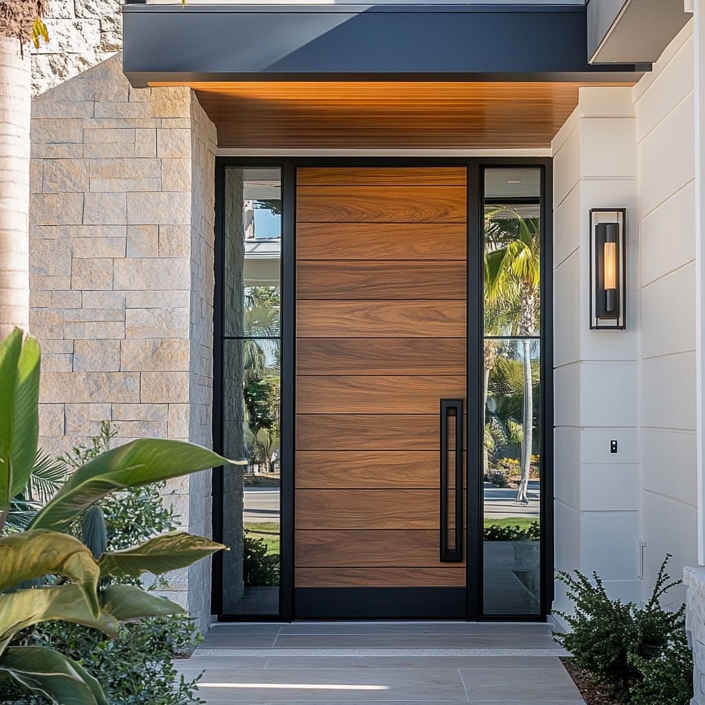 Wooden entry door combining traditional and contemporary design | Nansemond River Roofing & Siding